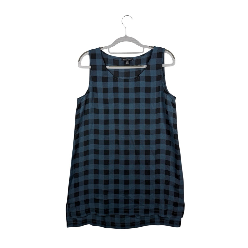 Eileen Fisher Blue Black Buffalo Plaid Checkered Sheer Dress 100% Silk Sz M (P)